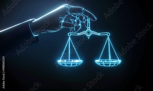 Futuristic AI Robot Hand Holding a Glowing Scale of Justice