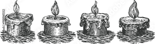 set of four vintage burning candles with melting wax, hand drawn antique illustrations