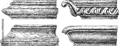 classic ornamental architectural molding elements with detailed engraving in vintage