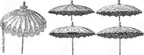 Vintage lace parasol collection with intricate patterns and frilly edges, classic elegant umbrella designs