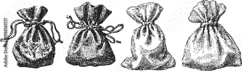 Four vintage cloth pouches tied with drawstrings, hand drawn rustic bags set