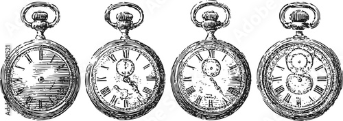 Vintage pocket watches showing different times with detailed engraving and classic clock faces