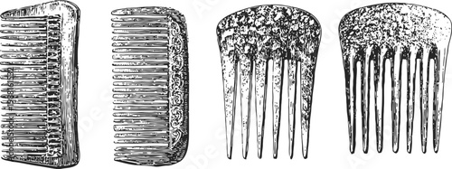 Vintage hair combs collection antique grooming tools in detailed black and white engraving classic personal care accessories