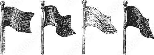 set of four vintage hand drawn waving flags on flagpoles, retro illustration of fluttering banners