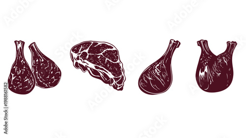 Stylized illustration of various cuts of meat in a burgundy hue against a white background