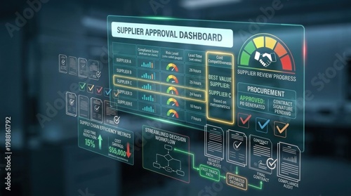 A futuristic digital dashboard displaying a supplier approval process in a dark room