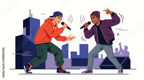 Rap Battle Between Two Rappers with Microphones - Flat Vector Hip Hop Performance Illustration