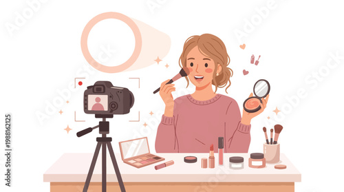 Beauty Content Creator Recording Makeup Tutorial - Flat Vector Influencer Illustration