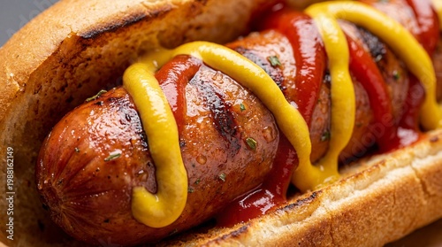 Savory grilled sausage nestled in a soft bun, adorned with vibrant ketchup and mustard