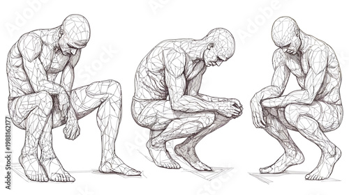 Three anatomical figures in contemplation poses, rendered with a geometric, skeletal line style