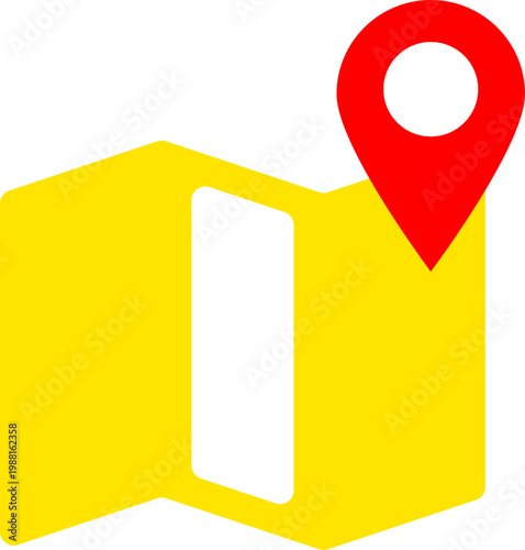 Yellow map icon with red location pin showing navigation and destination in a flat design style