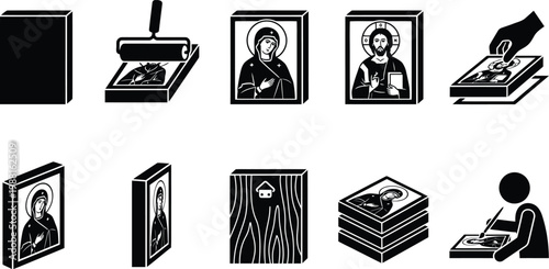 Schwarz-weiße Piktogramme, die den Prozess der Ikonenherstellung von Anfang bis Ende darstellen.