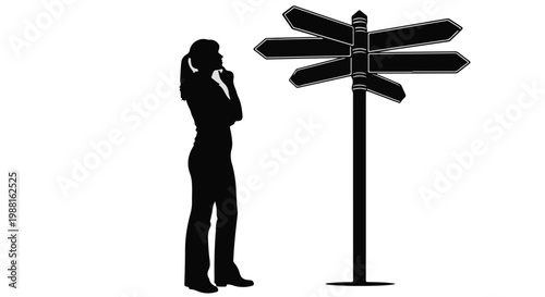 Confused businesswoman standing beside directional signpost with multiple arrows, contemplating decision making, career choices, or navigation, in simple silhouette style