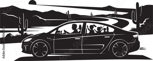 Black car, desert road, vector illustration, silhouette, travel concept