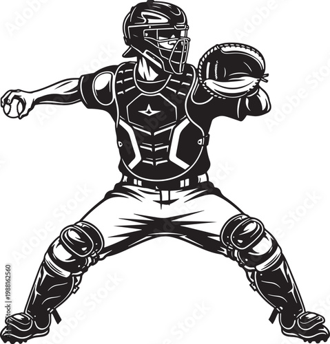Baseball catcher vector illustration, athlete in protective gear and helmet, professional sports player silhouette, black and white mascot graphic