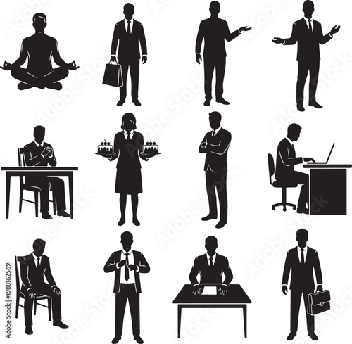 Professional business people silhouettes set, 12 corporate character icons in various poses, office workers and entrepreneurs vector collection