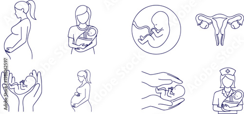 A collection of illustrations depicting pregnancy, childbirth, and parenthood with various stages of fetal development.
