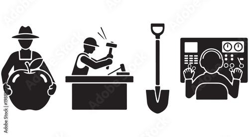 Labor and industry vector icon set featuring farmer carpenter shovel and technology operator silhouettes for workforce and employment concepts