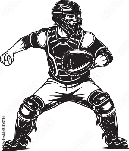 Baseball catcher vector illustration, athlete in protective gear and helmet, black and white sports mascot graphic for team logos and apparel