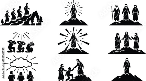 Satz von Piktogrammen, die die biblische Geschichte der Verklärung Jesu Christi auf dem Berg darstellen.