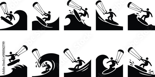 Eine Sammlung von schwarzen Silhouetten-Symbolen, die einen Kitesurfer auf Wellen zeigen.