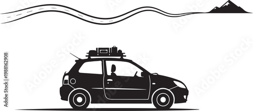 Car travel vector, road trip silhouette, luggage on roof, mountain landscape