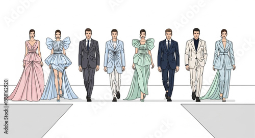 Fashion Models Showcase Designer Outfits on Runway.