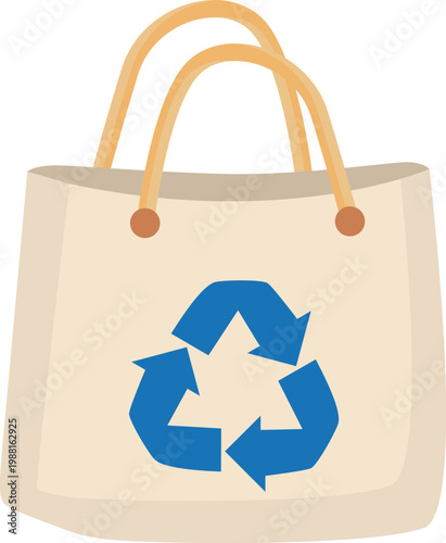 Reusable Cotton Tote Bag with Blue Recycling Symbol Icon Isolated on White Background