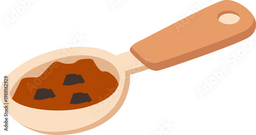 Measuring scoop with chocolate powder and chunks isolated on white background
