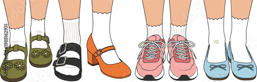 Diverse Collection of Women's Fashion Footwear Featuring Sneakers Heels Sandals and Mary Janes with White SocksDiverse Collection of Women's Fashion Footwear Featuring Sneakers Heels Sandals and Mary 