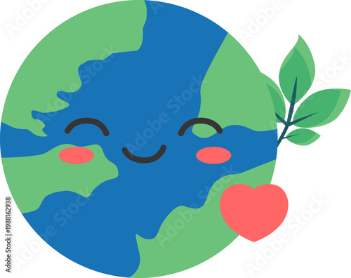 Happy Earth Planet Smiling with Leaf and Heart Icon for Environmental Conservation