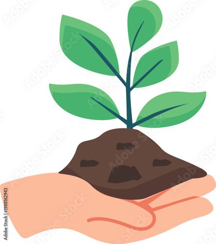Small green plant sprout growing in soil held in a human hand representing sustainability and growth