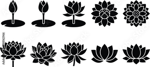 Zehn schwarze Silhouetten von Lotusblumen, die verschiedene Phasen des Wachstums und der Blüte darstellen.