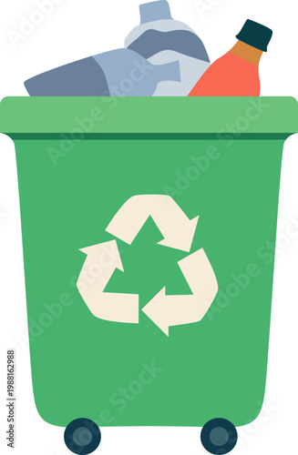 Green recycling bin with plastic bottles for environmental waste management