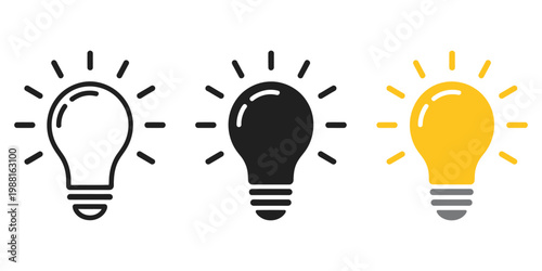 Set of light bulb icons on white background, idea symbol electric lamp vector collection representing light, innovation, solution, creative thinking, electricity, outline, flat and colored styles for 