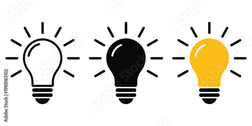 Set of light bulb vector icons on white background, idea symbol collection representing innovation, creativity, electricity, and solutions with outline, flat, and colored design styles.