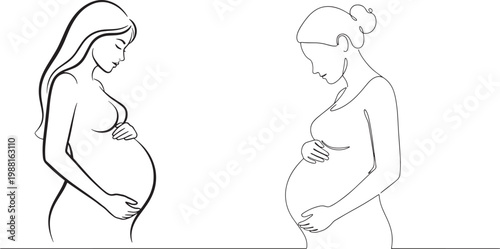 A pregnant woman stands in a serene and peaceful pose, showcasing her baby bump in a beautiful and vibrant illustration.