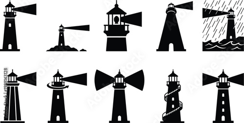 Set von zehn verschiedenen Leuchtturm-Silhouetten als Vektor-Icons auf weißem Hintergrund.