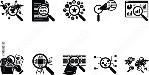 Eine Sammlung von zehn schwarzen Symbolen mit einer Lupe, die Konzepte wie Suche, Analyse und Forschung darstellen.