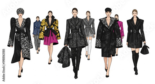 Fashion models showcasing designer haute couture outfits on a white background.