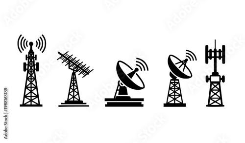 Cell tower and communication antenna silhouettes set representing wireless network and telecom technology isolated vector
