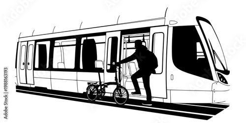 Multimodal Commuter with Folding Bike on Tram Silhouette