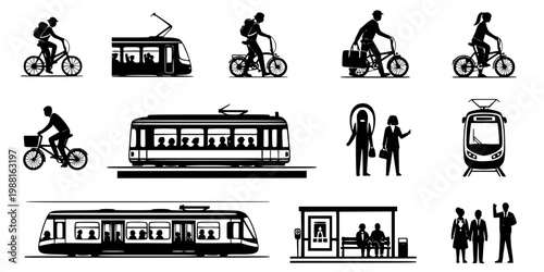 Multimodal Commuter with Folding Bike on Tram Silhouette
