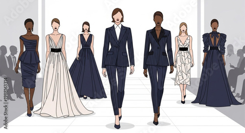 Fashion models showcasing elegant designer outfits on a runway.