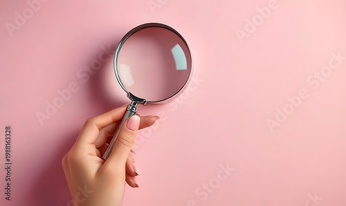 Hand Holding a Magnifying Glass on a Pink Background
