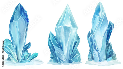 Three stylized, luminous, ice-blue crystalline structures on a snowy base. Watercolor effect