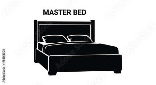 A simple black silhouette of a master bed with pillows and bedding silhouette