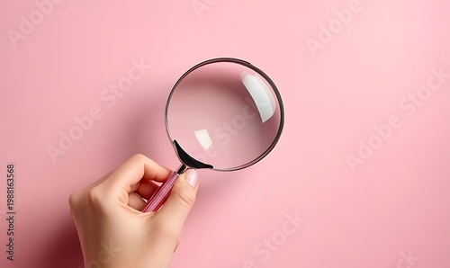 Hand Holding a Magnifying Glass on a Pink Background
