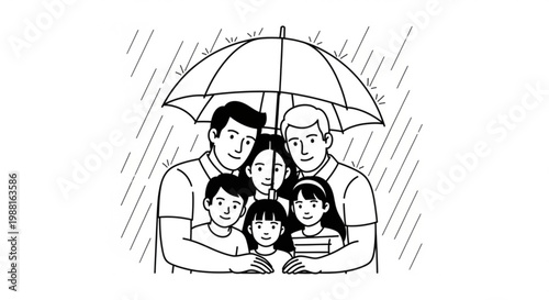 Family of five huddled under an umbrella during a rain shower protected by parents line art protection umbrella children security together daughter illustration relationship parenting