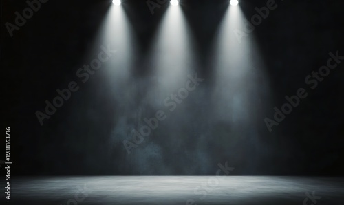 Empty stage with three spotlights and smoke effect on dark background